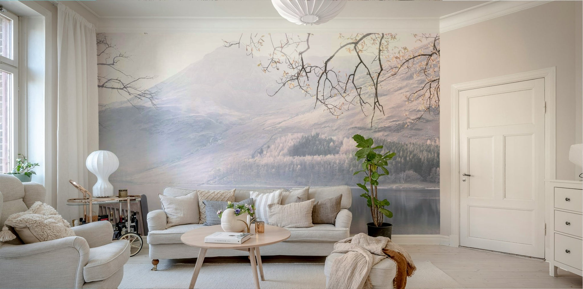 Nature-inspired bench by still lake wall art.

