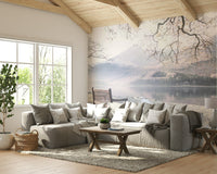 Serene lake view mural with a bench for relaxation.

