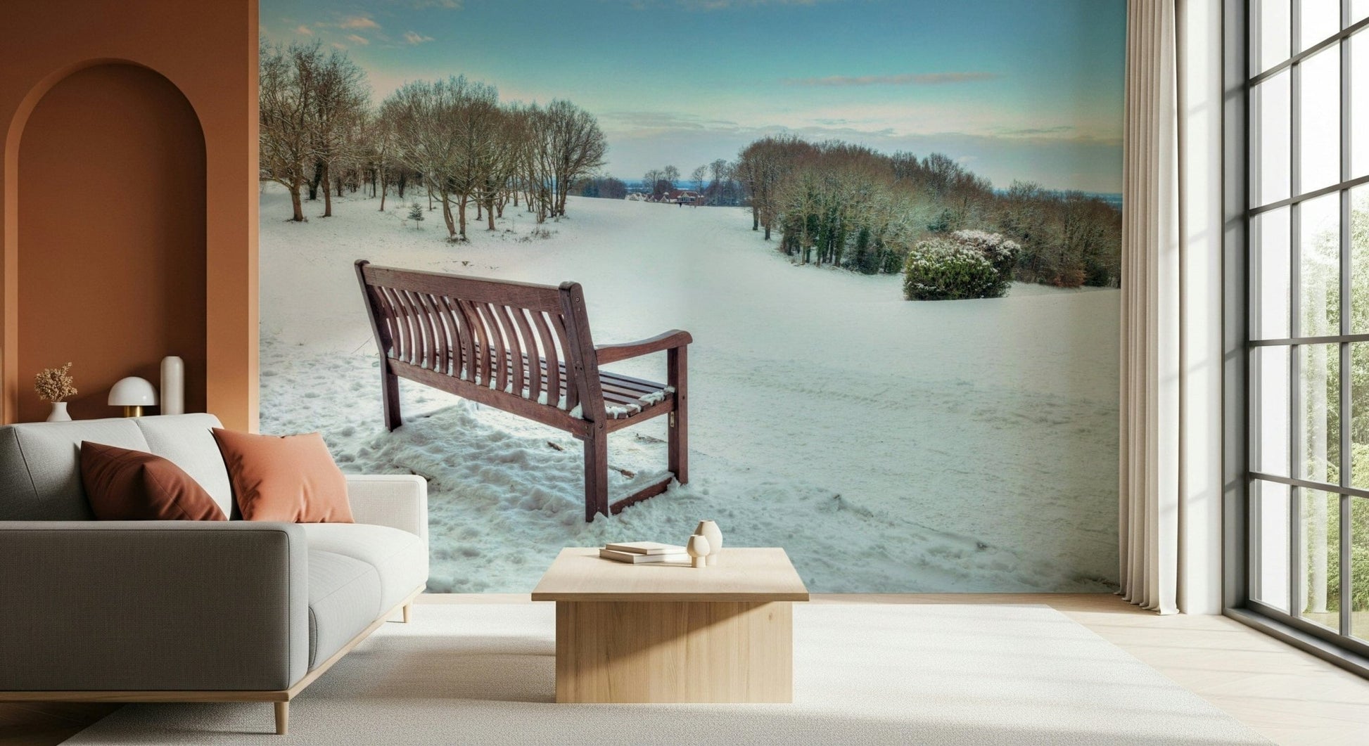 Outdoor seating in a peaceful, cold snowy landscape decor.
