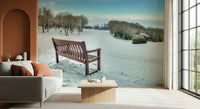 Outdoor seating in a peaceful, cold snowy landscape decor.