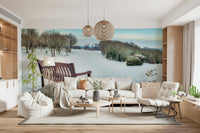 Bench in a Snowy Landscape Wall Mural winter scene.