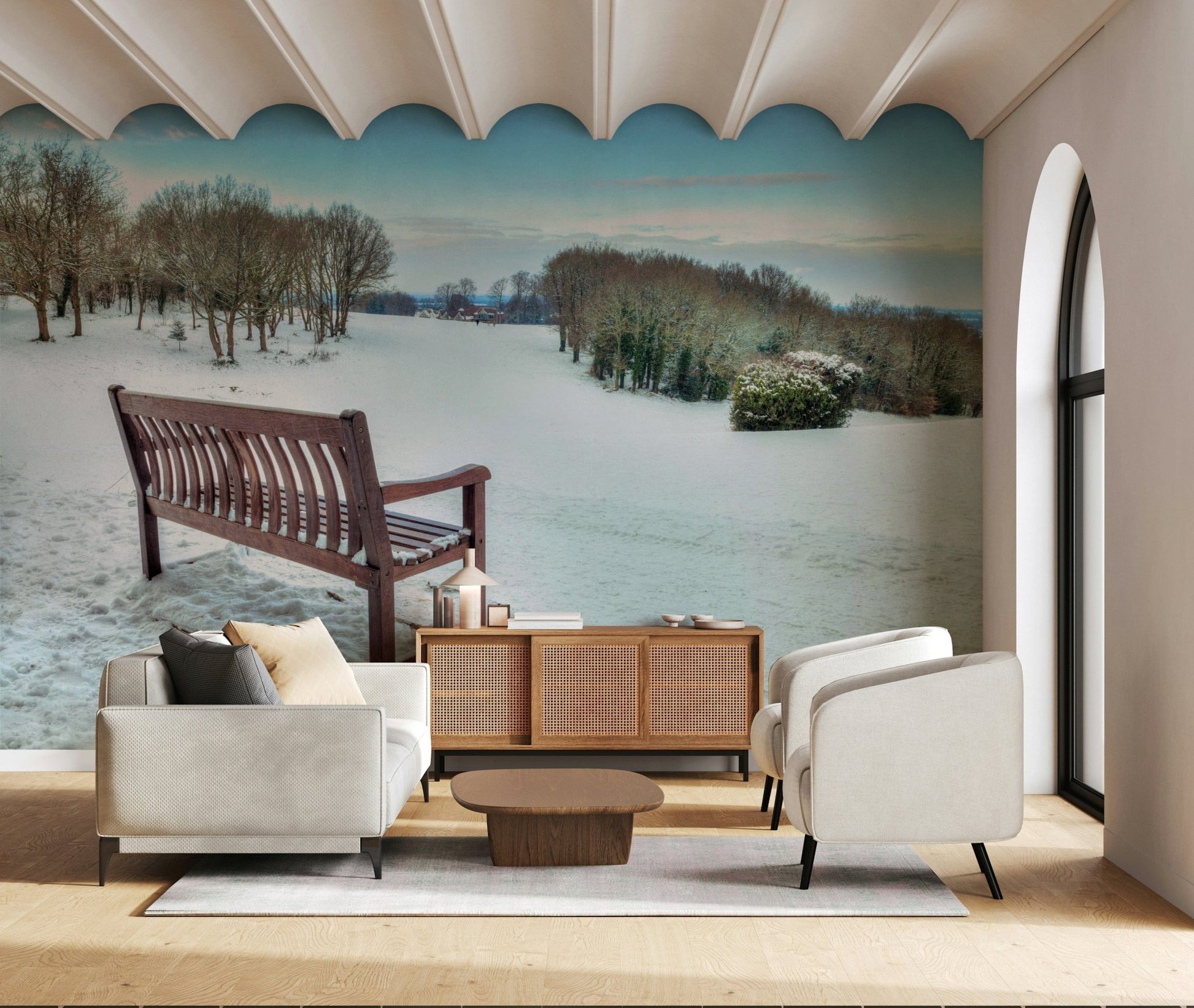 Serene winter forest and snow covered hill wallpaper design.