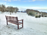 Panoramic view of a snowy landscape mural with blue sky.