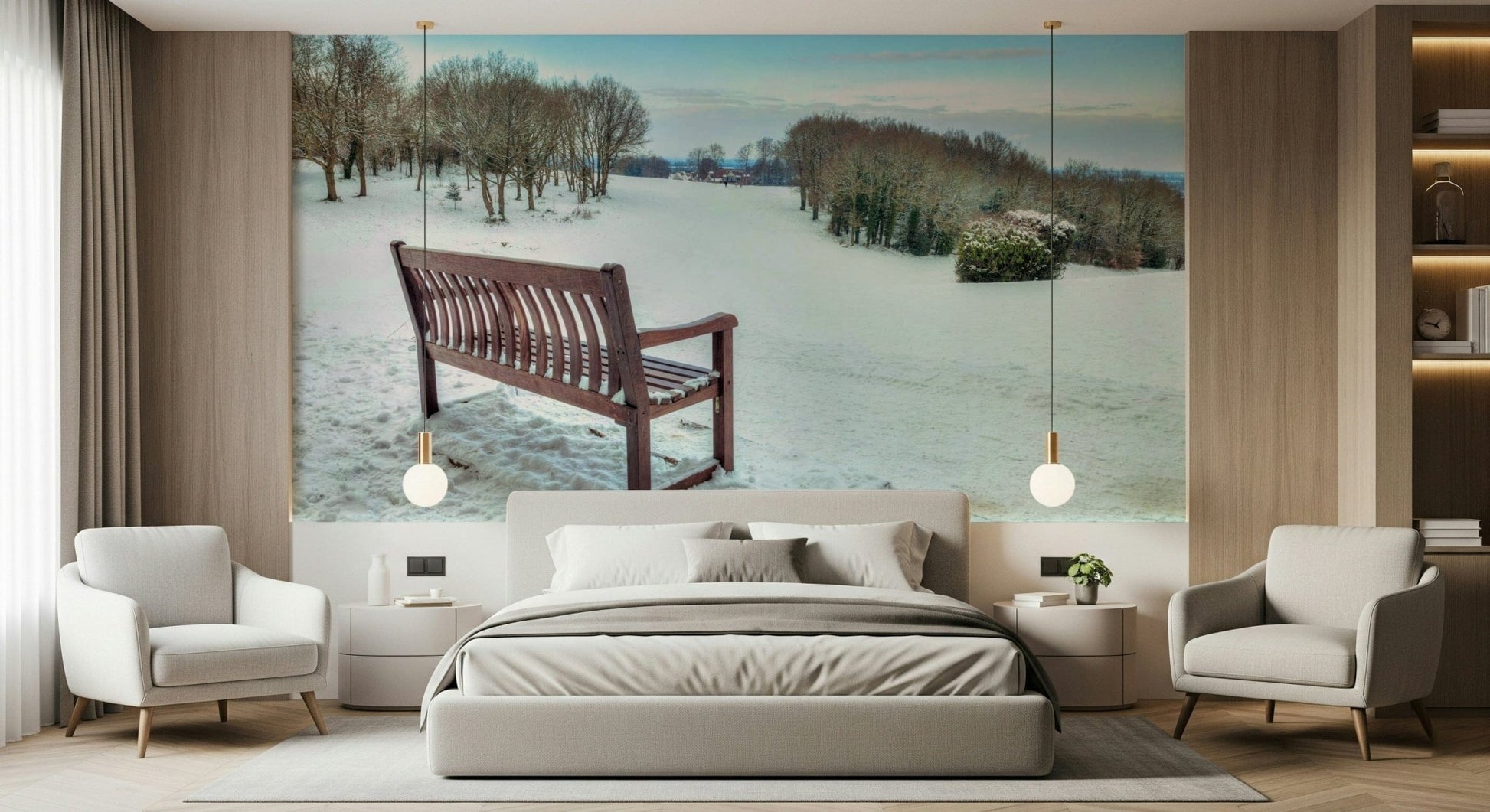 Wooden bench overlooking a snowy landscape wallpaper mural.