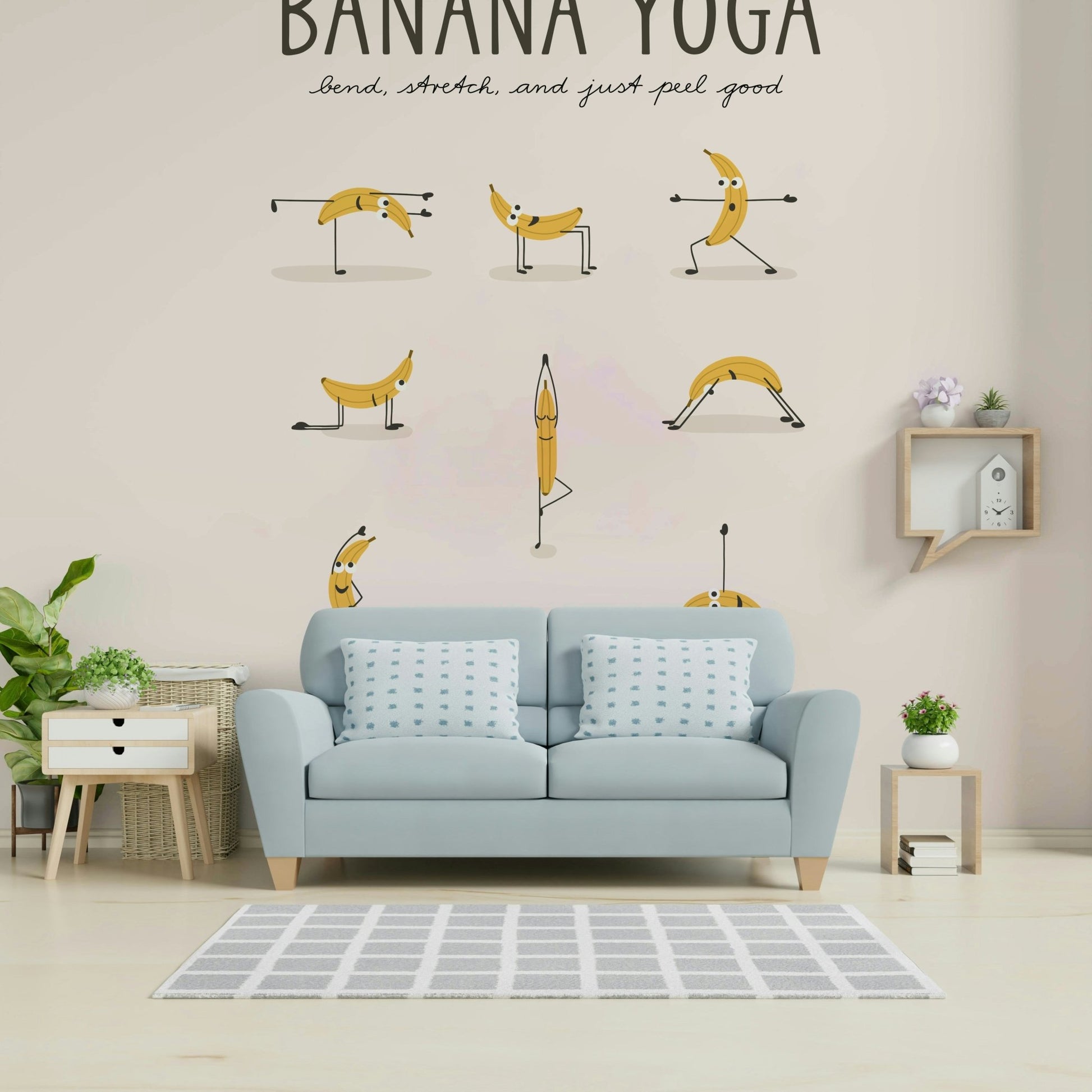 Playful banana yoga poses on wall mural

