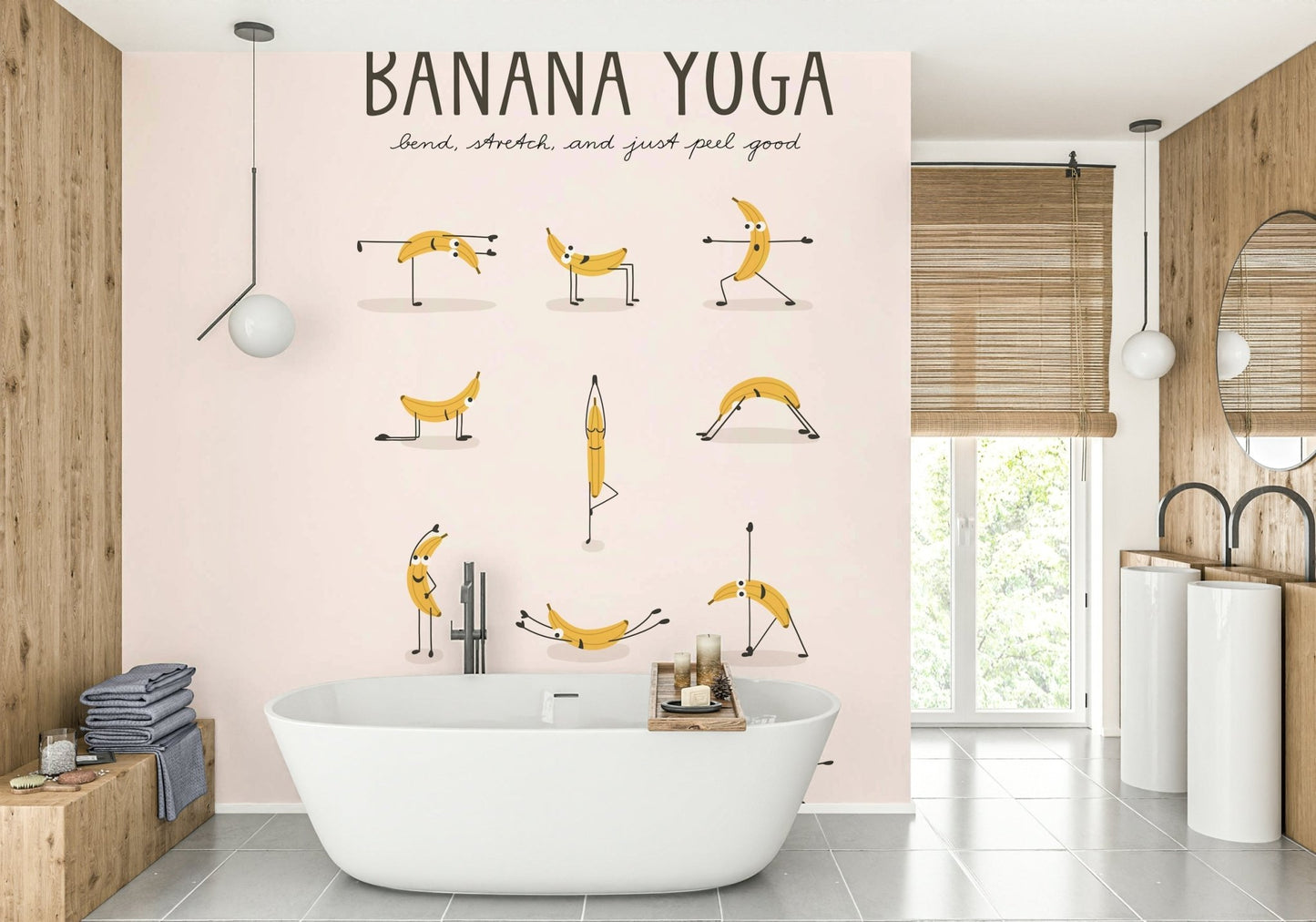 Lighthearted yoga mural with fruit characters

