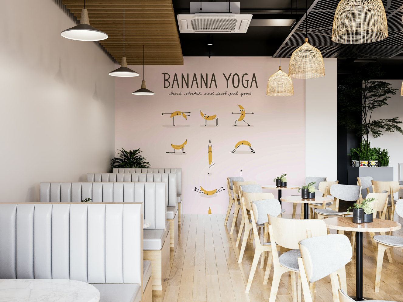 Banana characters doing yoga on wall mural

