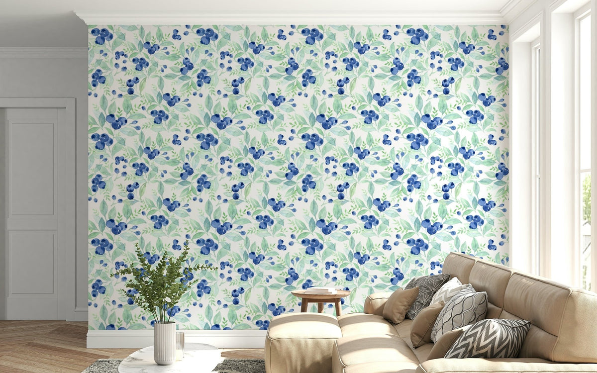 Fresh berry wallpaper with delicate leaf and fruit illustration GD7274
