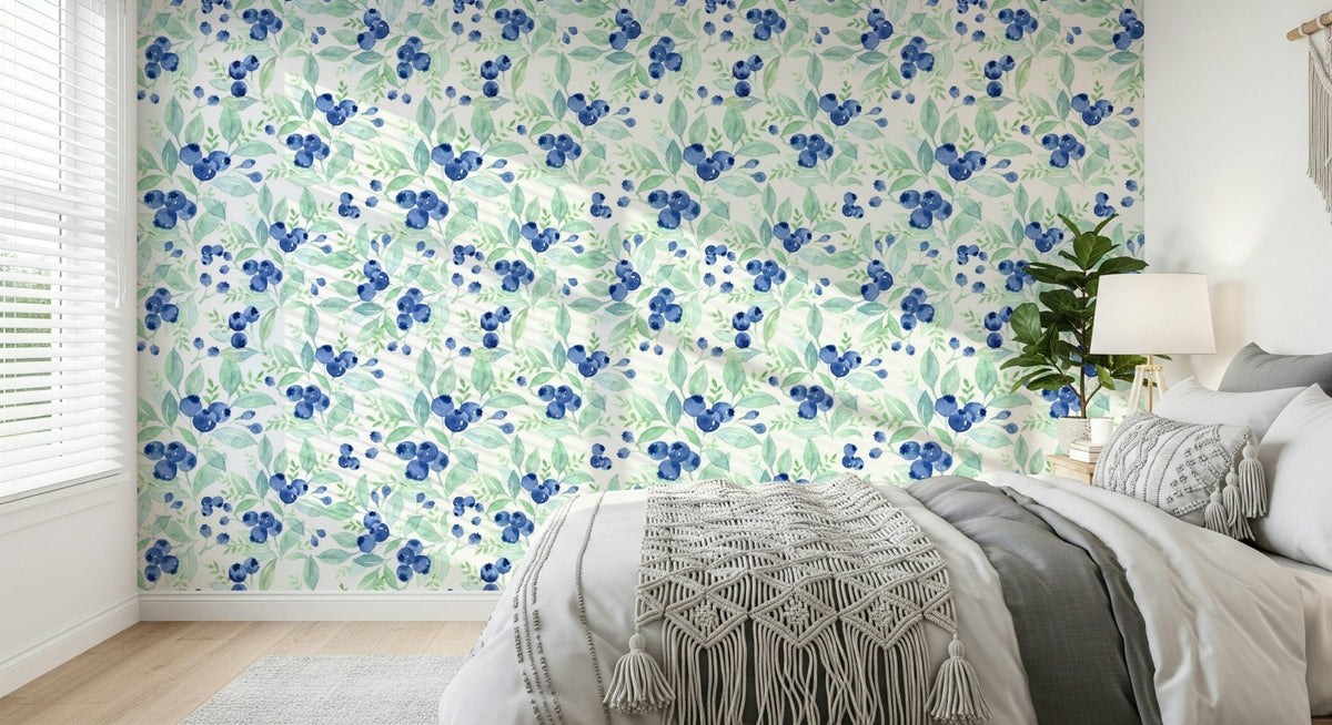 Soft watercolor wallpaper with berries and leafy branches GD7274