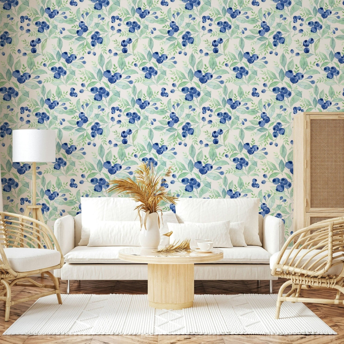 Watercolor berry wallpaper featuring delicate fruit and leaves GD7274