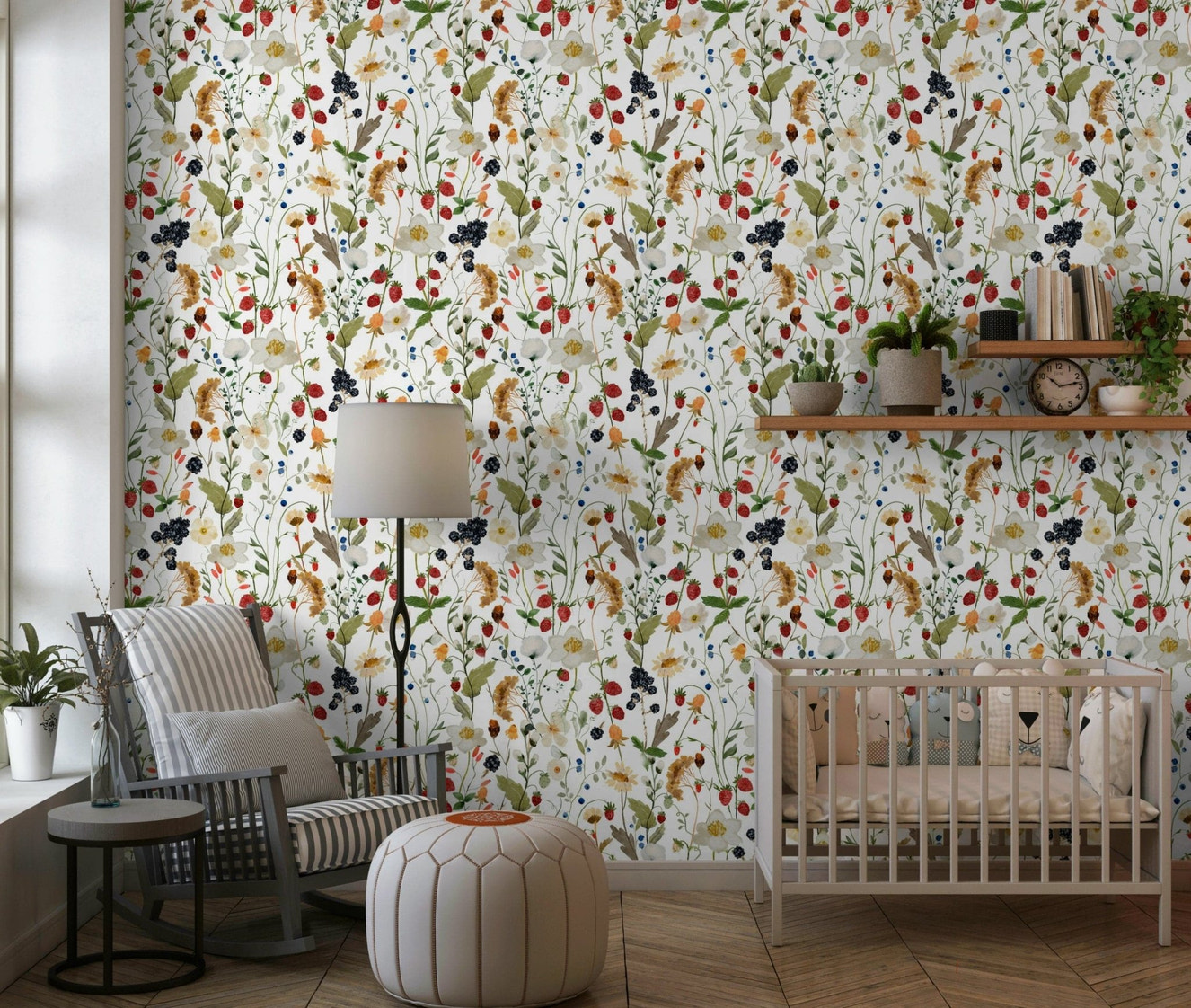 Gentle Meadow wall paper artistic depiction of woodland berries and flowers.