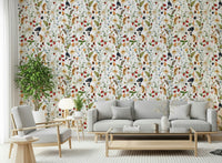 Enchanting Berry Bloom wallpaper for walls various berries and light blossoms.