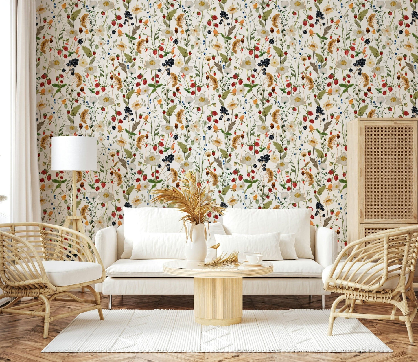 Beautiful Berry Bloom wallcovering featuring diverse forest botanicals.