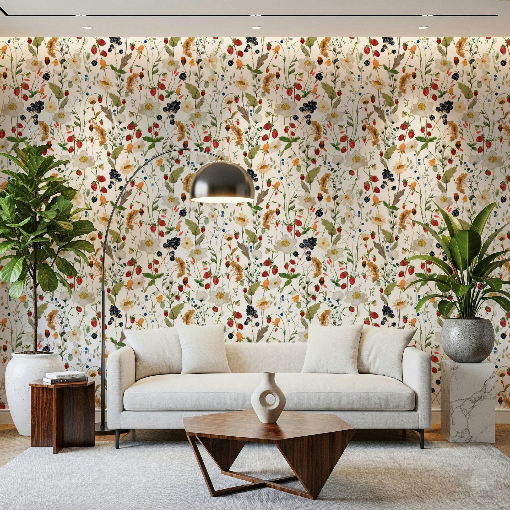 Painterly Berry Bloom peel and stick wallpaper white florals and red fruit.