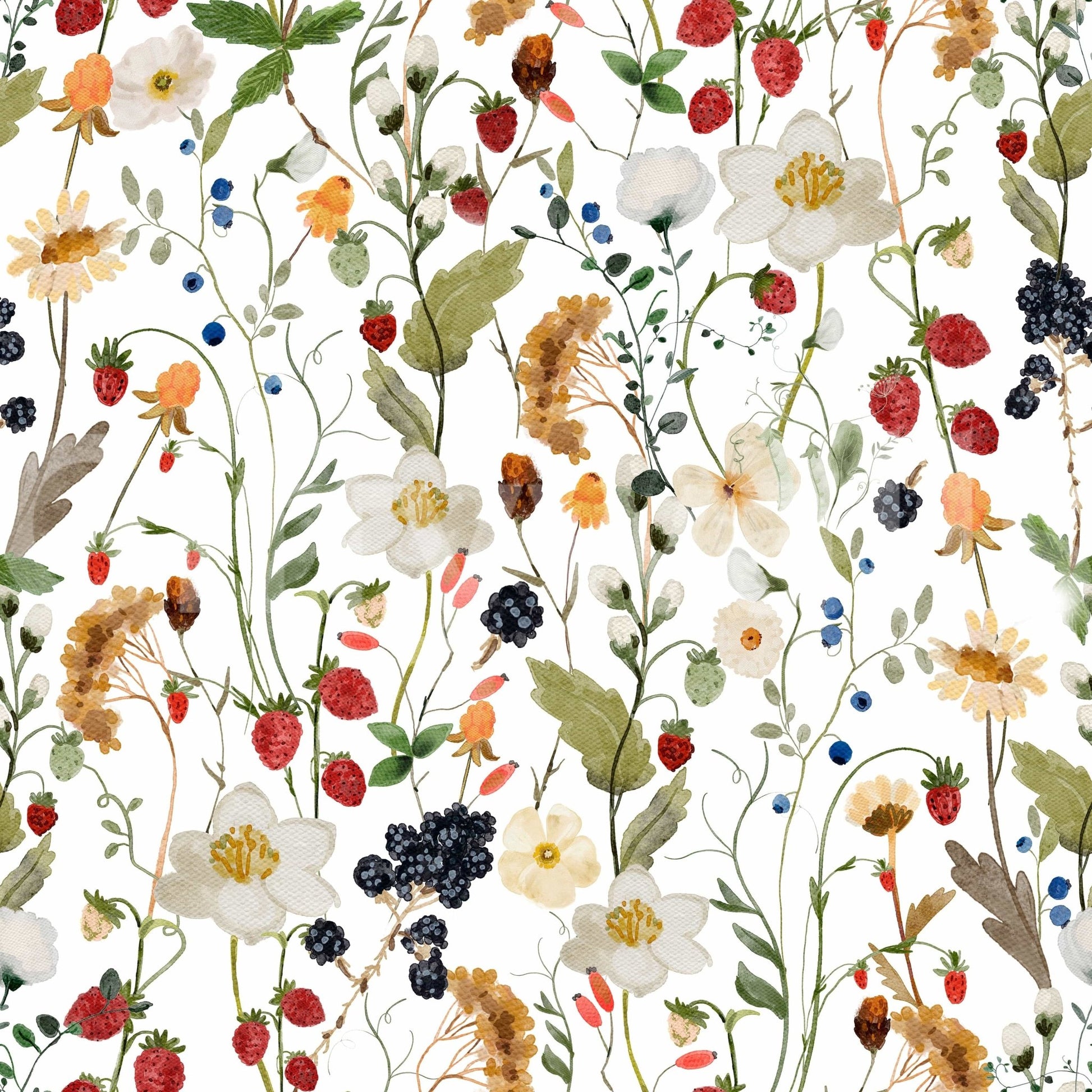 Country garden Meadow peel and stick wallpaper berries and wildflowers.