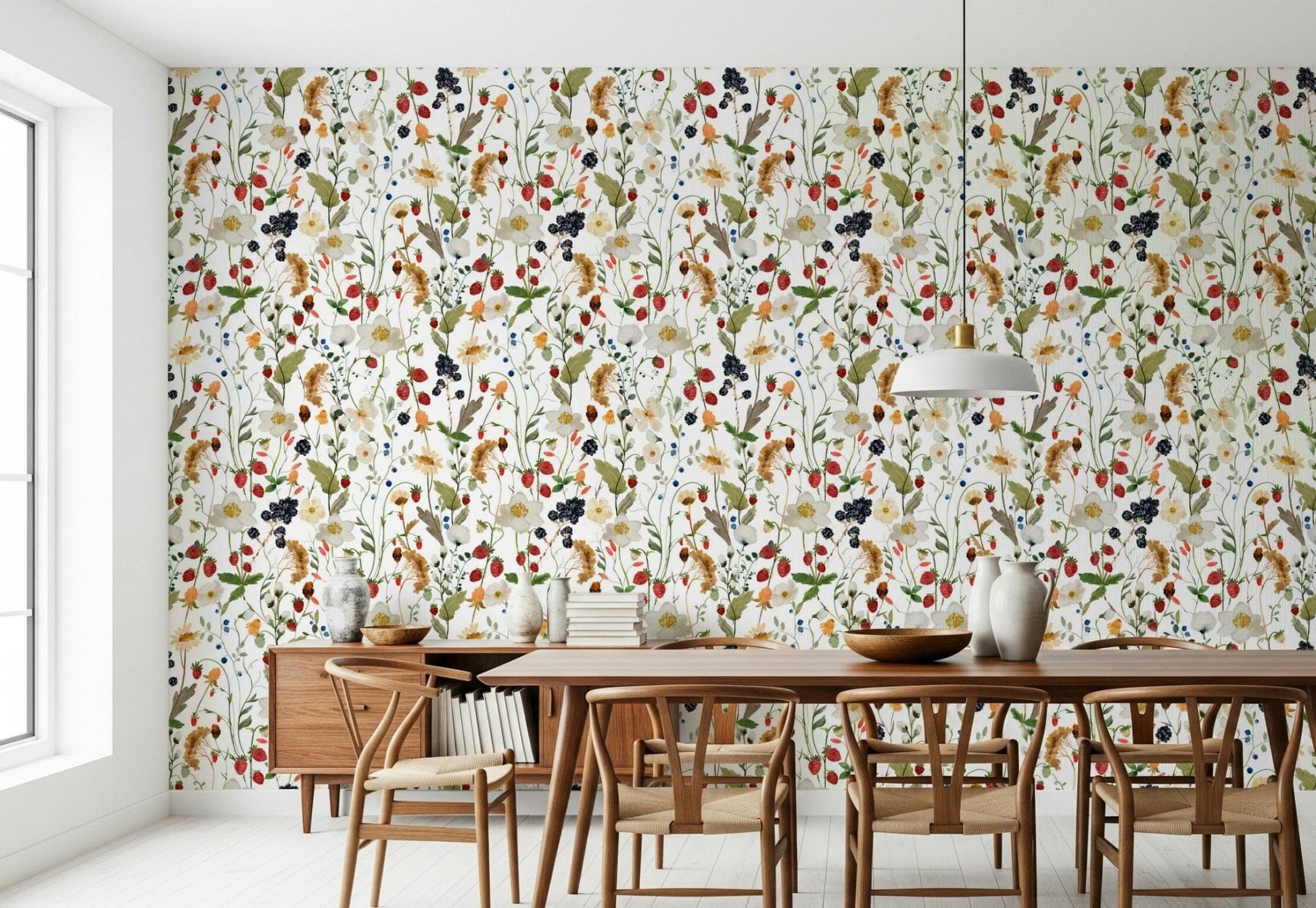 Meadow mural with watercolor depth ripe fruit and slender stems.