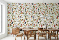 Meadow mural with watercolor depth ripe fruit and slender stems.