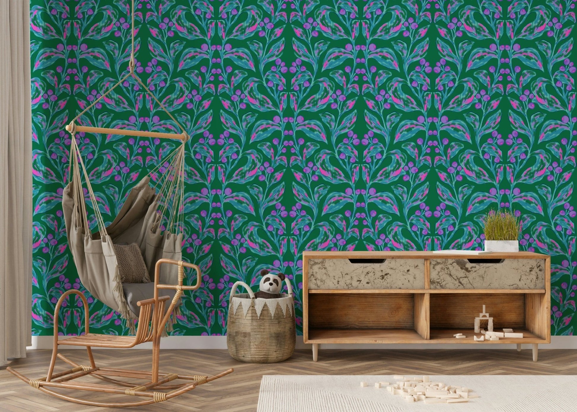 Berry Branch Symphony wall mural with a minimalist white background.