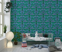 Botanical wall mural featuring red berries and green leaves in a bedroom.