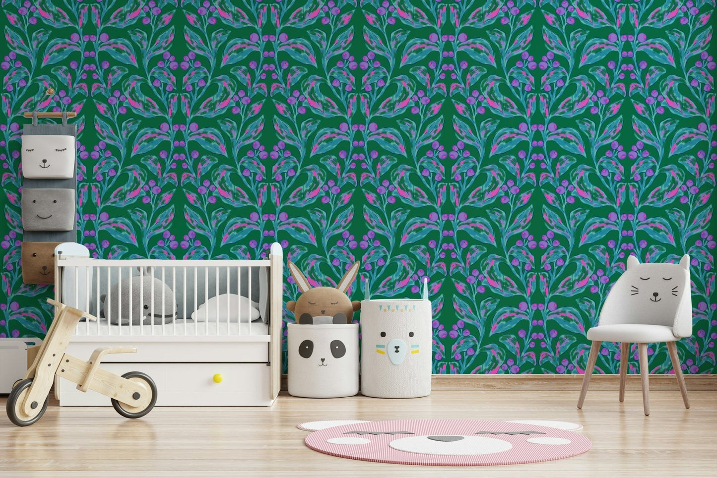 Artistic leaf and berry wallpaper for a cozy reading nook.