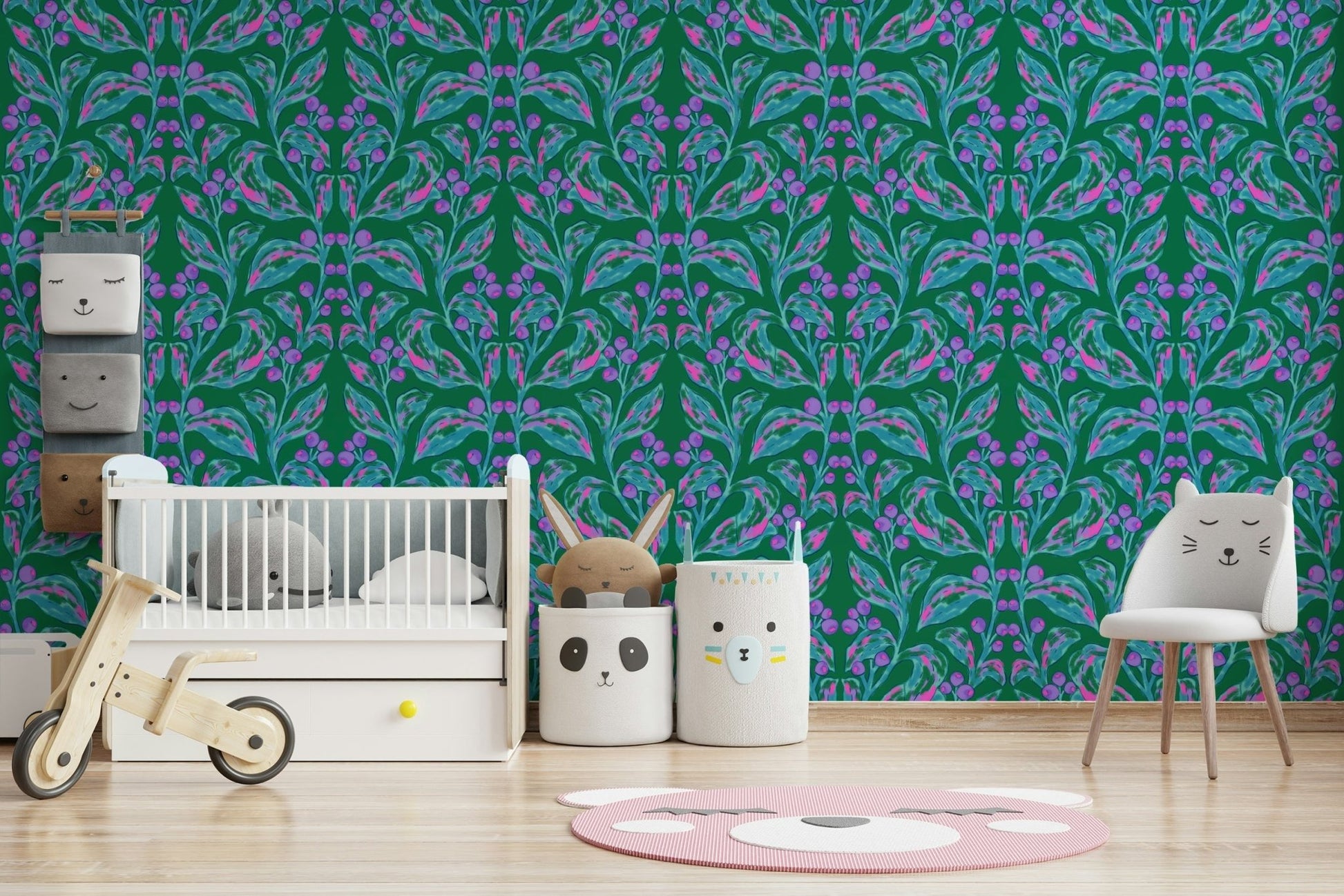 Artistic leaf and berry wallpaper for a cozy reading nook.