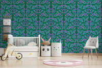 Artistic leaf and berry wallpaper for a cozy reading nook.