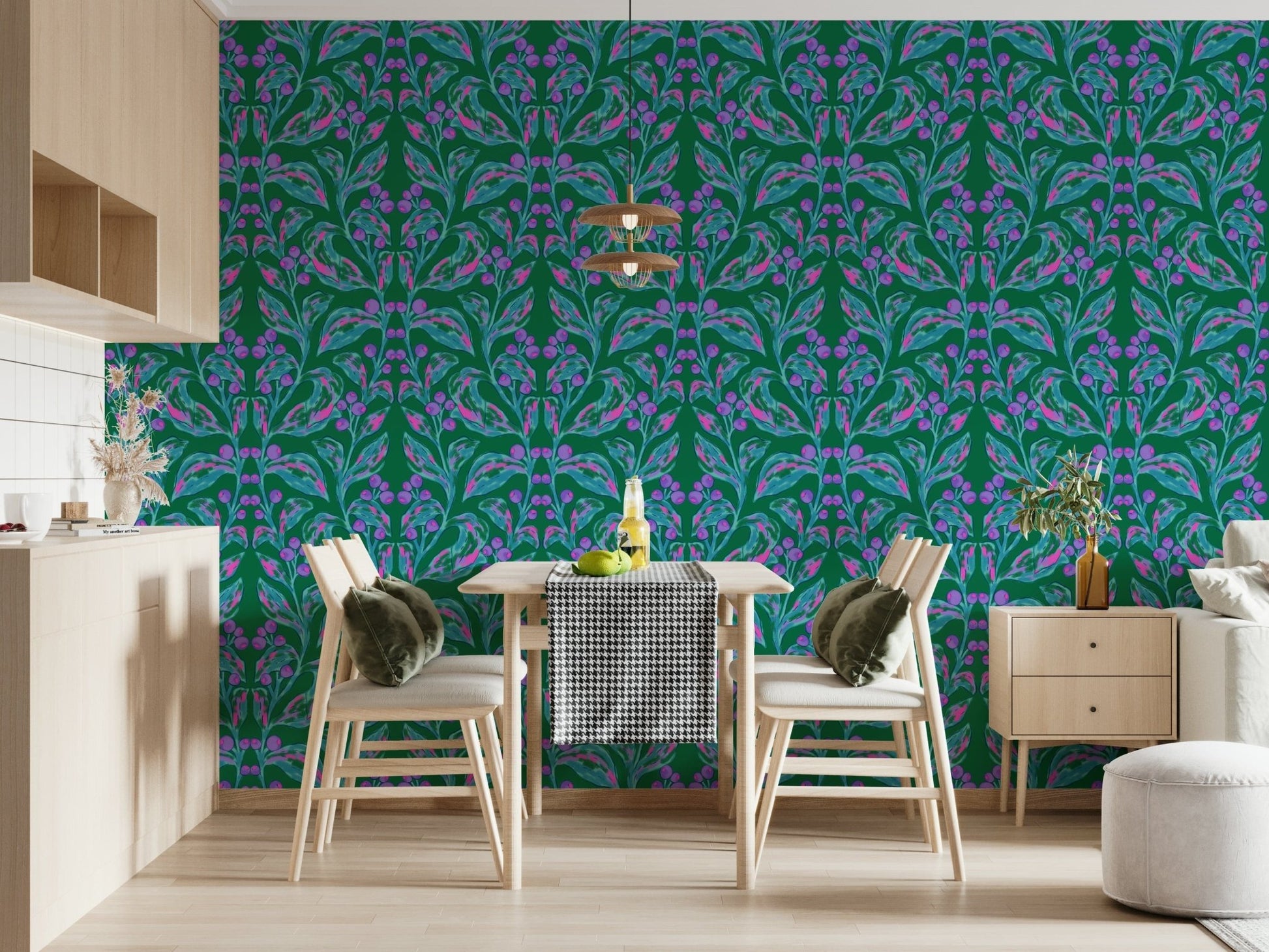 Berry Branch Symphony wall mural on a feature wall in a dining area.