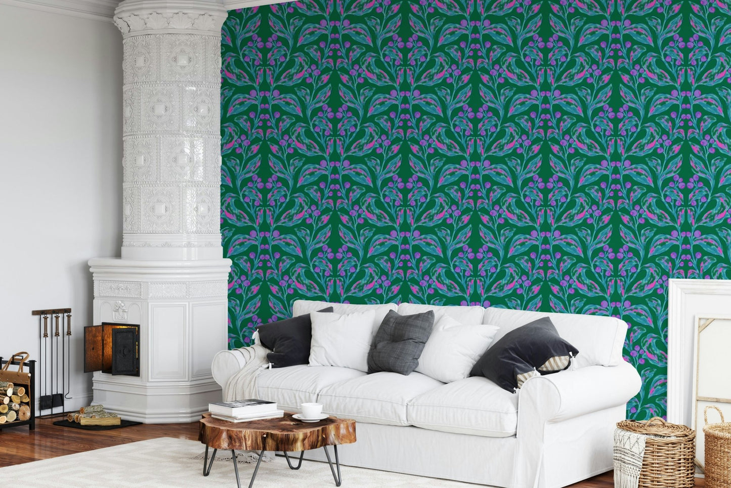 Nature inspired wallpaper for a serene home office workspace.