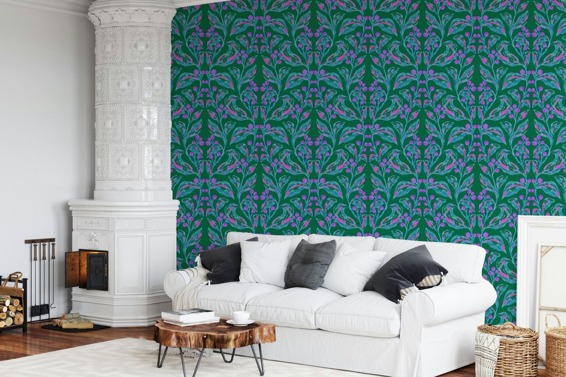 Nature inspired wallpaper for a serene home office workspace.