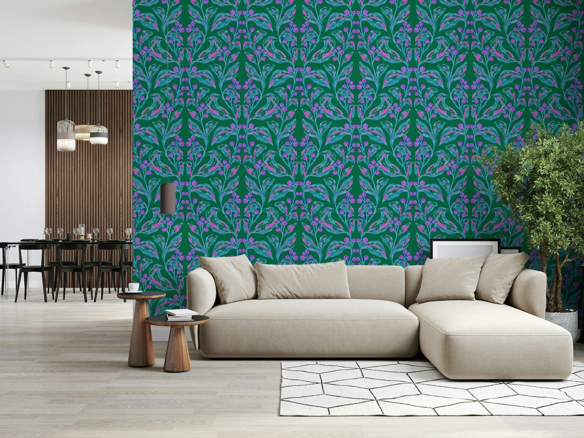 Modern botanical wallpaper for an apartment guest suite.