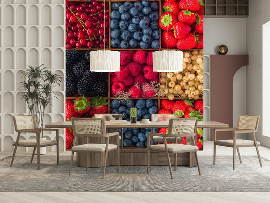 Berry Fresh Delight Wall Mural with vibrant strawberries for a kitchen feature wall.
