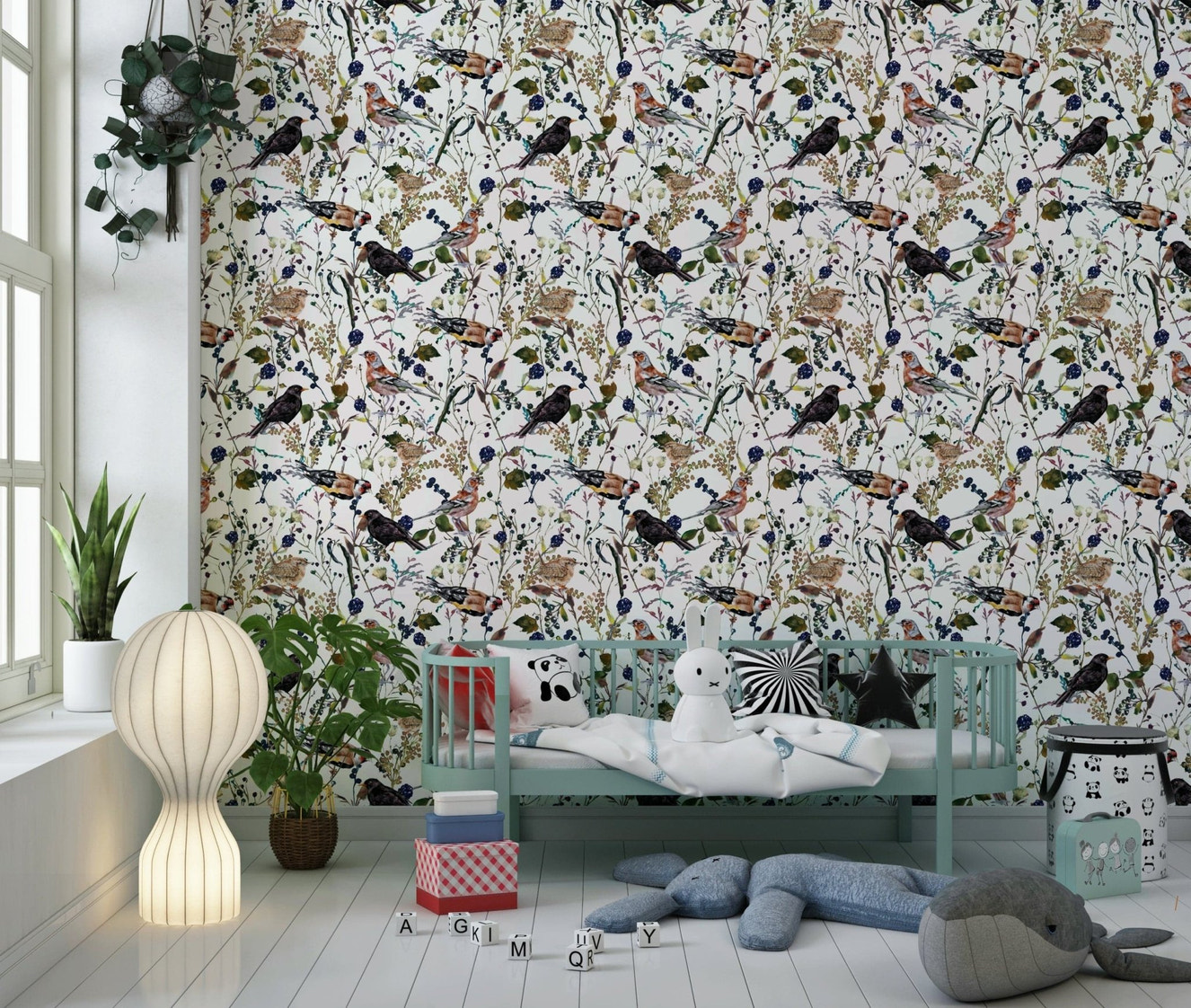 Hand-painted style wallpaper with garden birds and seasonal berries.
