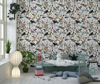 Hand-painted style wallpaper with garden birds and seasonal berries.