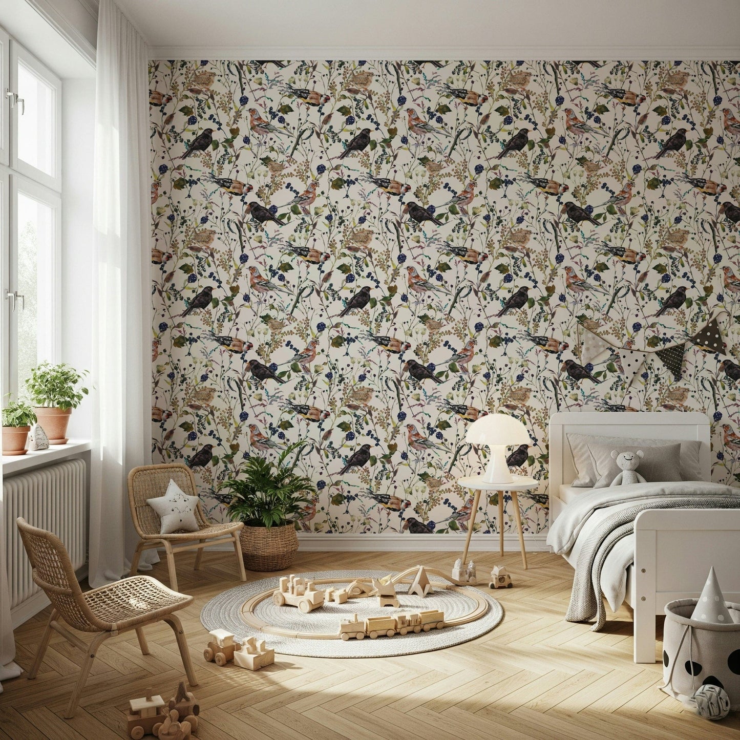 Seamless botanical wall mural with a repeating bird and berry pattern.