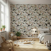Seamless botanical wall mural with a repeating bird and berry pattern.