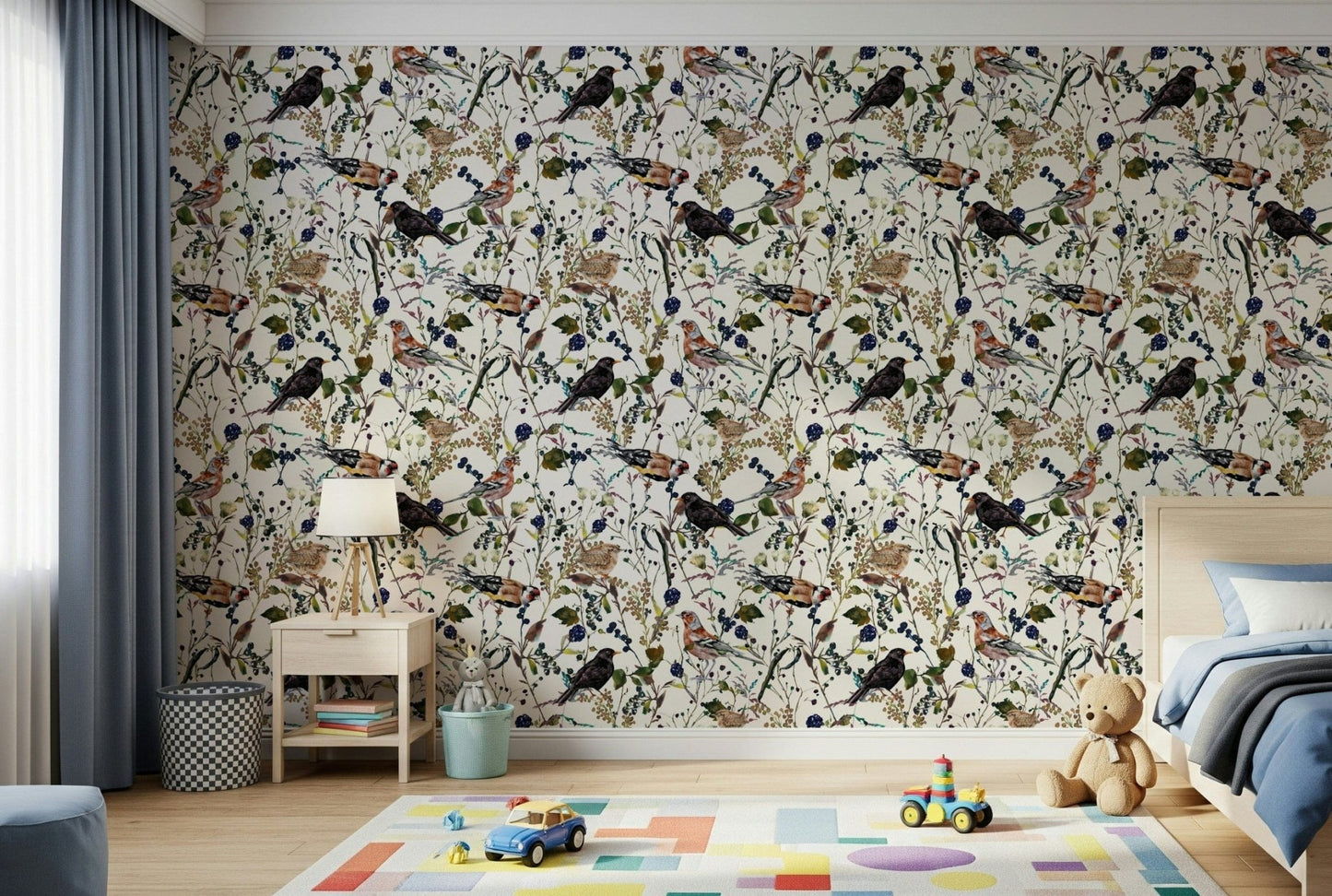 Nature inspired wall mural showing birds among green leaves and fruit.