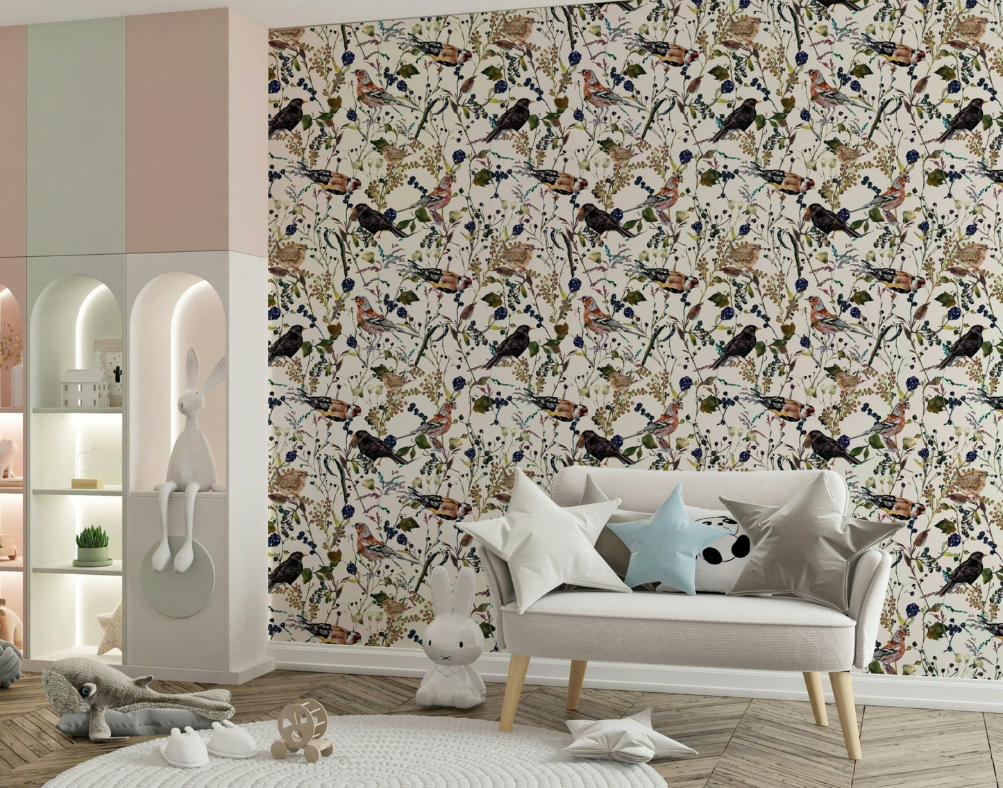 Soft pastel wallpaper depicting wild songbirds and forest berries.