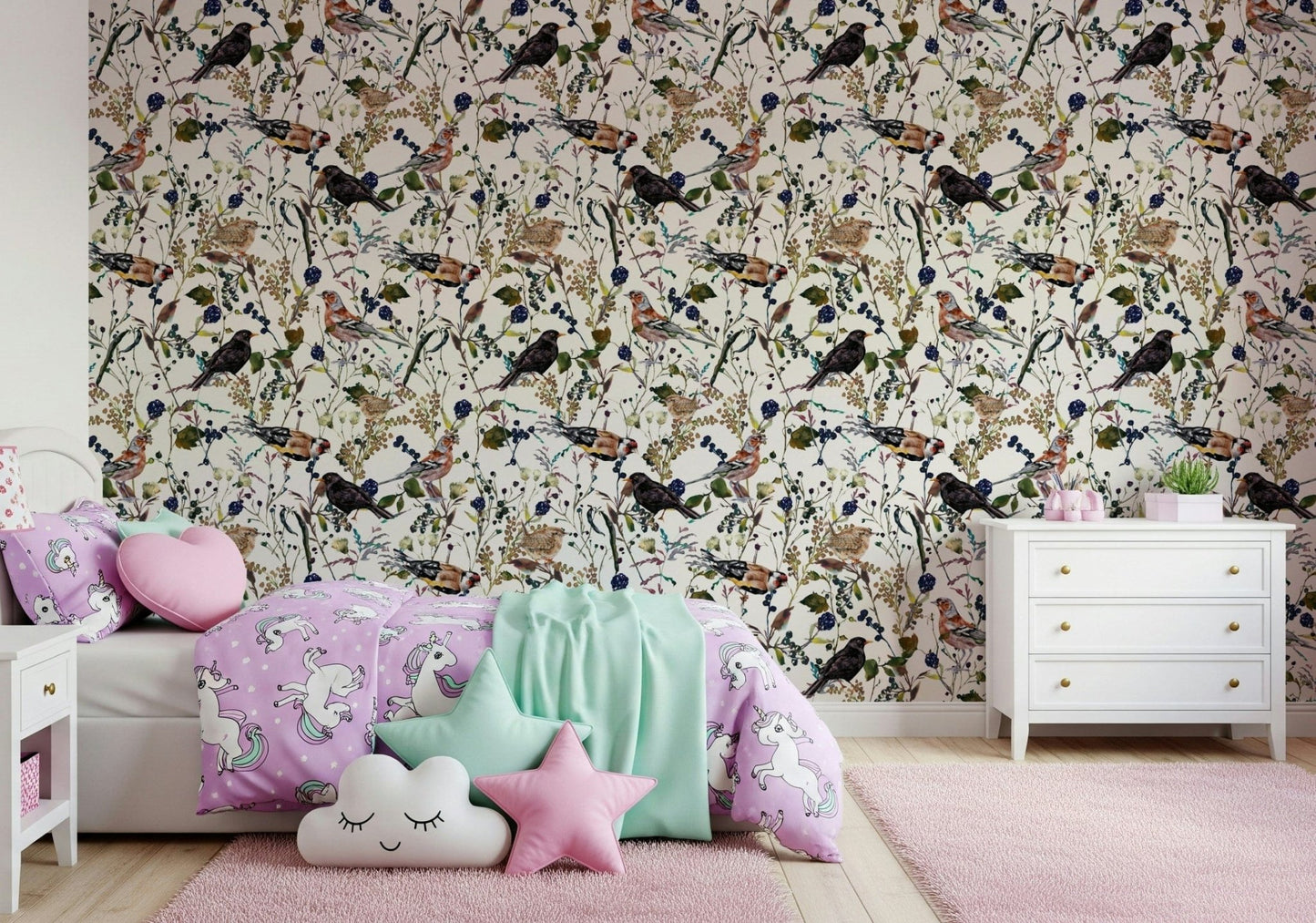Elegant garden wallpaper featuring songbirds and realistic berry vines.