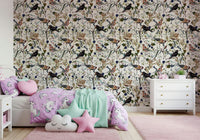 Elegant garden wallpaper featuring songbirds and realistic berry vines.