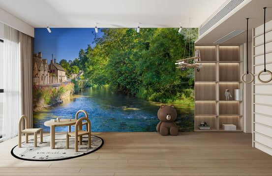 Bibury Stream wall mural showing a clear river past stone cottages and greenery GD5006
