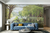 Relaxed wallpaper design featuring a bike and canal

