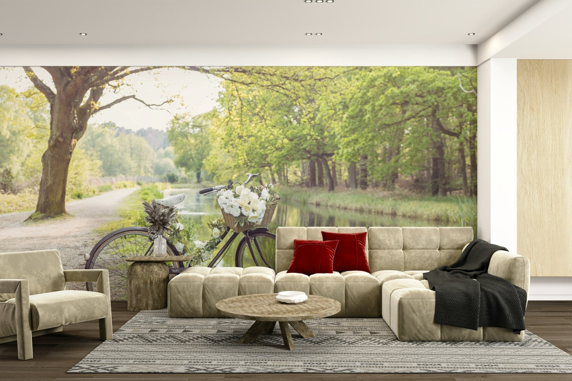 Vintage bicycle parked by a quiet canal wall mural, GD2368