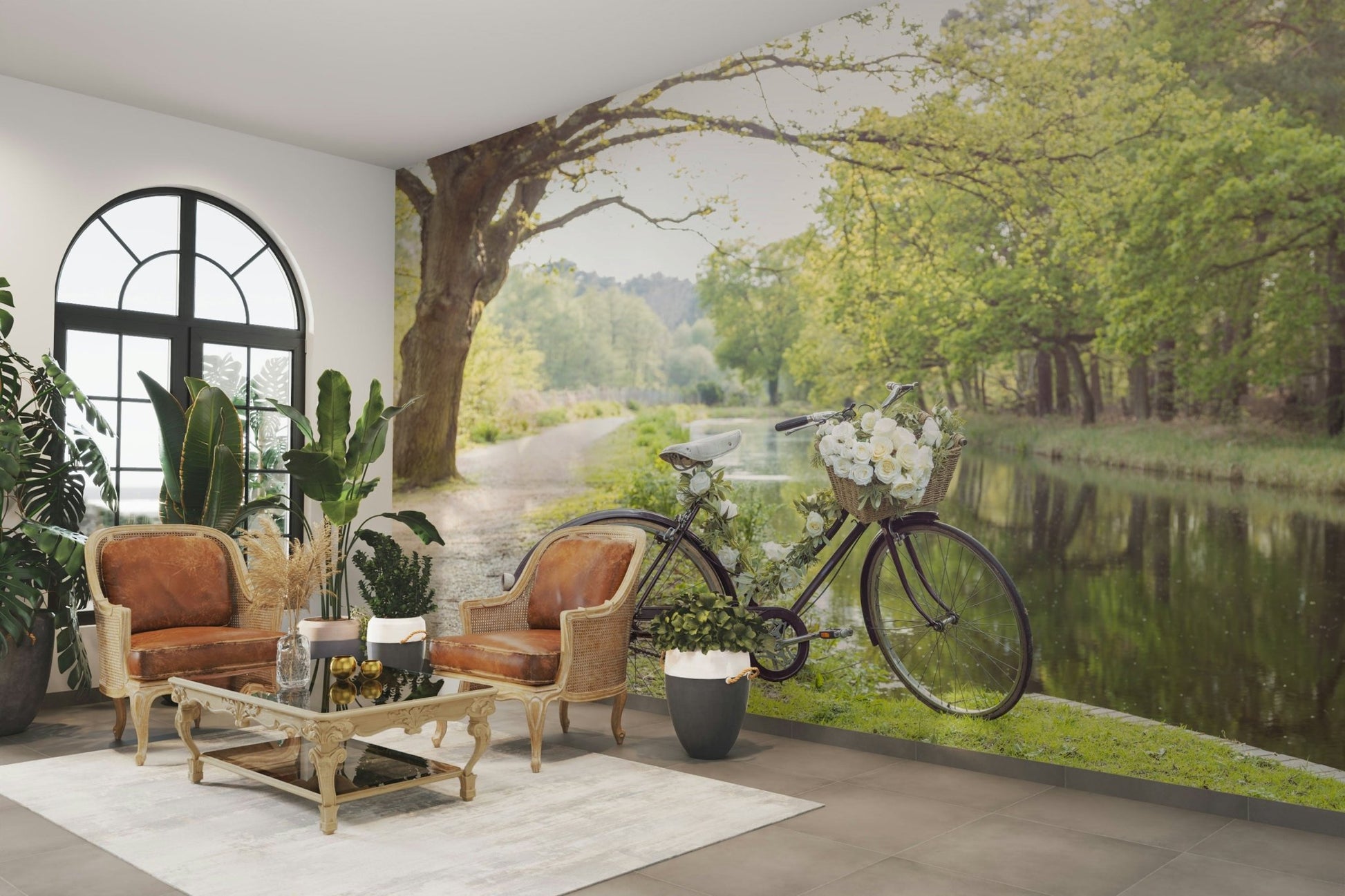 Canal path wallpaper with green forest backdrop

