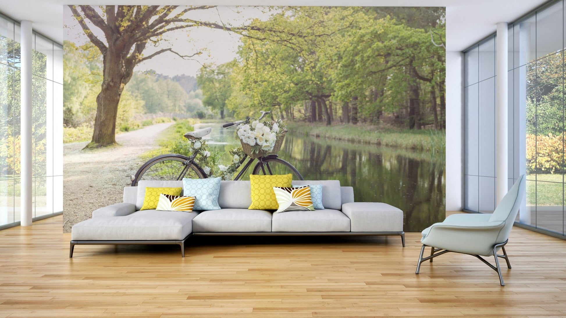 Spring morning canal wallpaper with vintage bike

