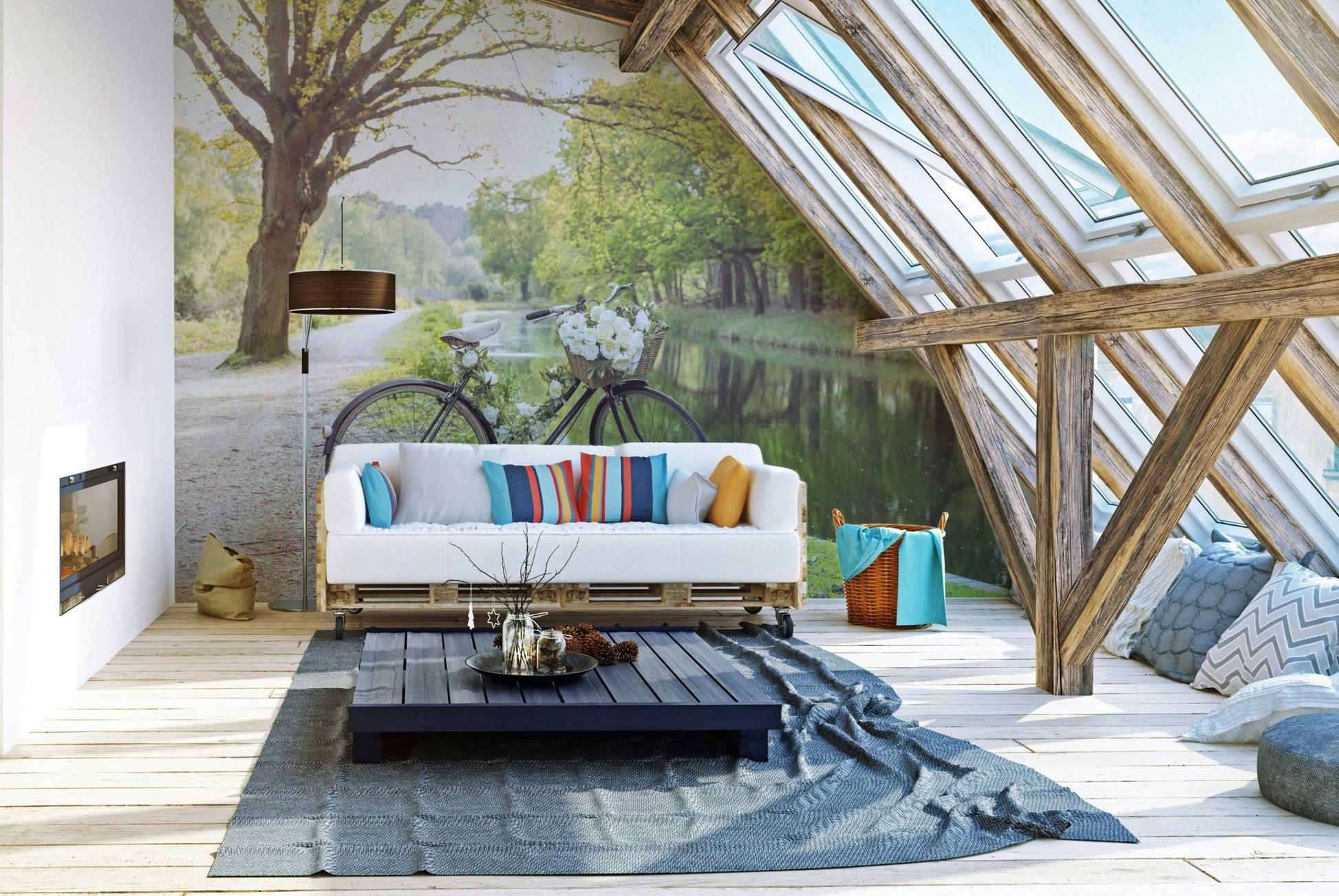 Wall mural of bicycle with basket full of flowers

