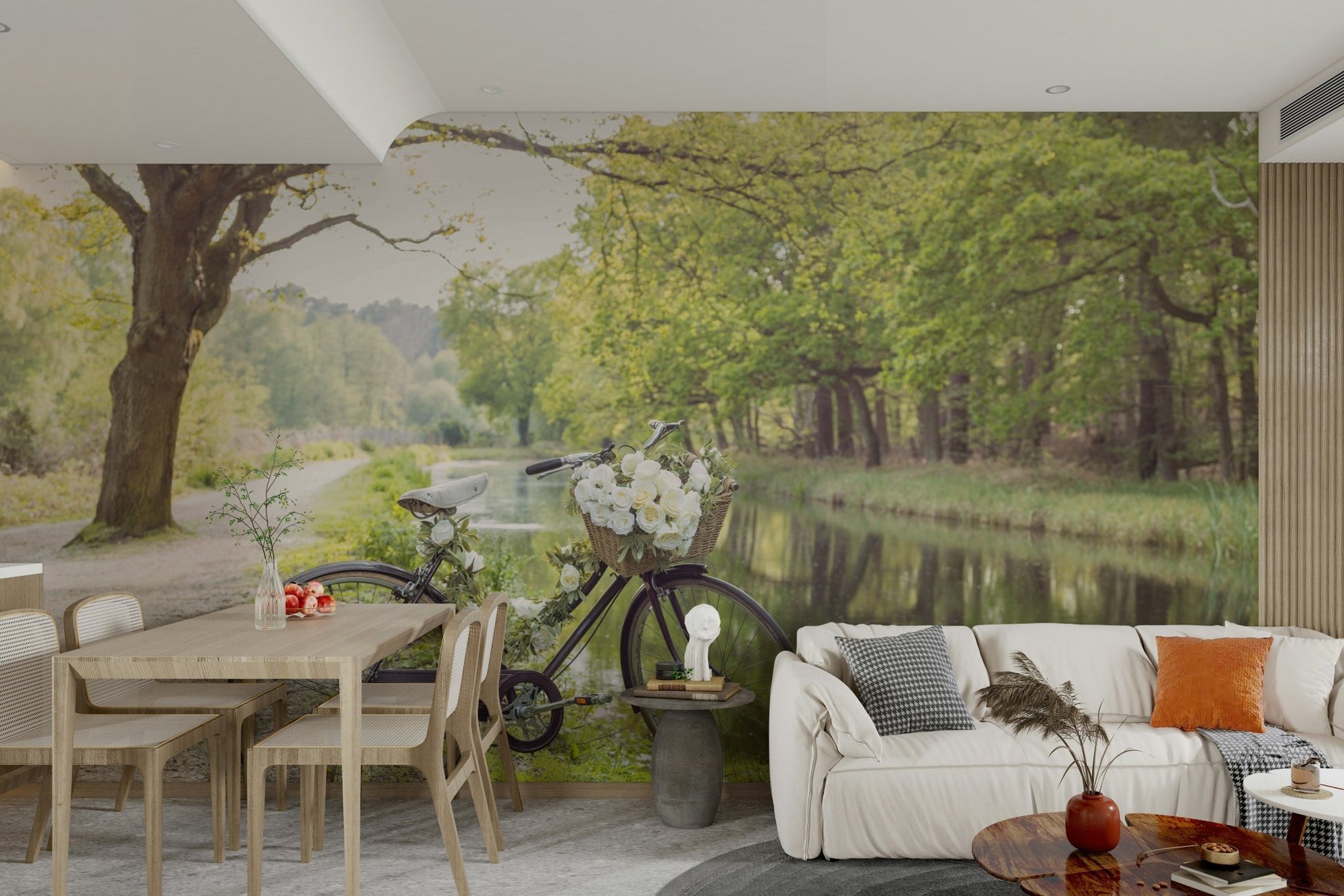 Peaceful landscape mural with bicycle and flowers

