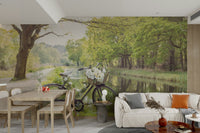 Peaceful landscape mural with bicycle and flowers

