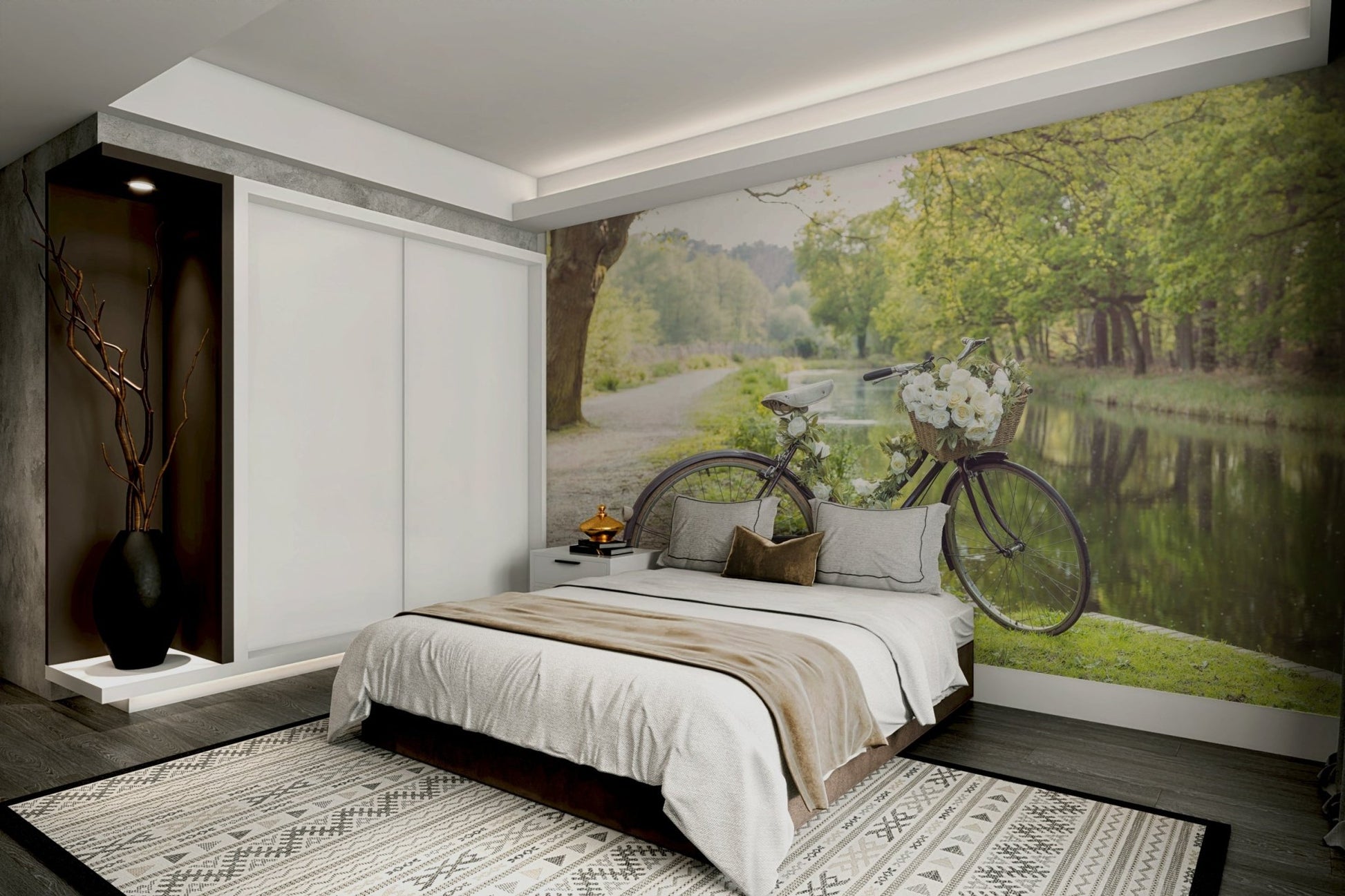 Bicycle leaning beside a peaceful waterway mural

