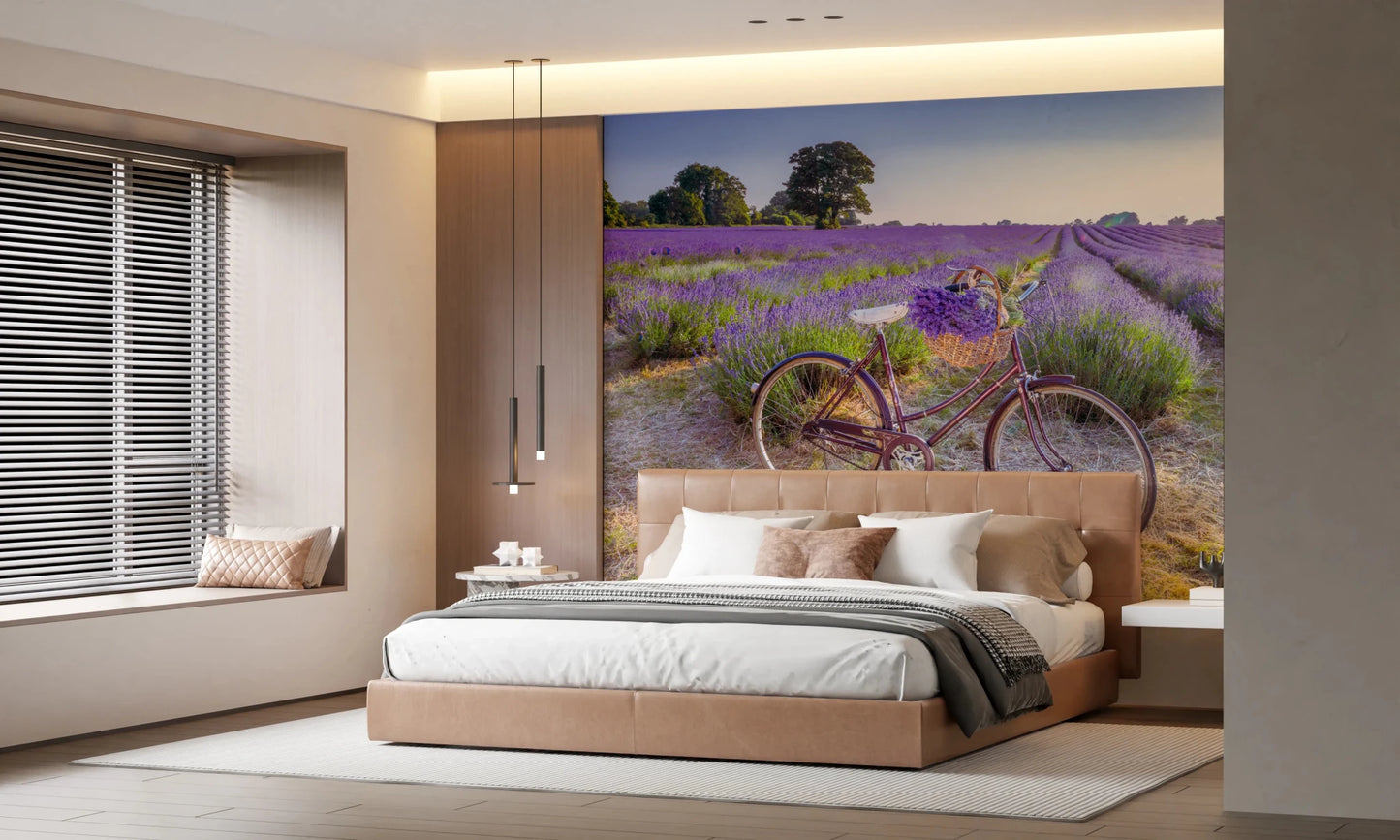 Countryside landscape wallpaper in lavender tones for hallway.