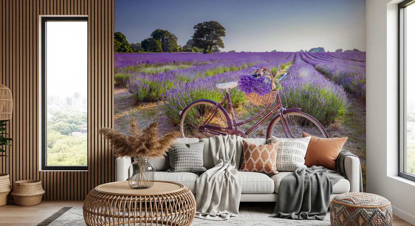 Purple floral landscape wallpaper for lounge area wall decoration.